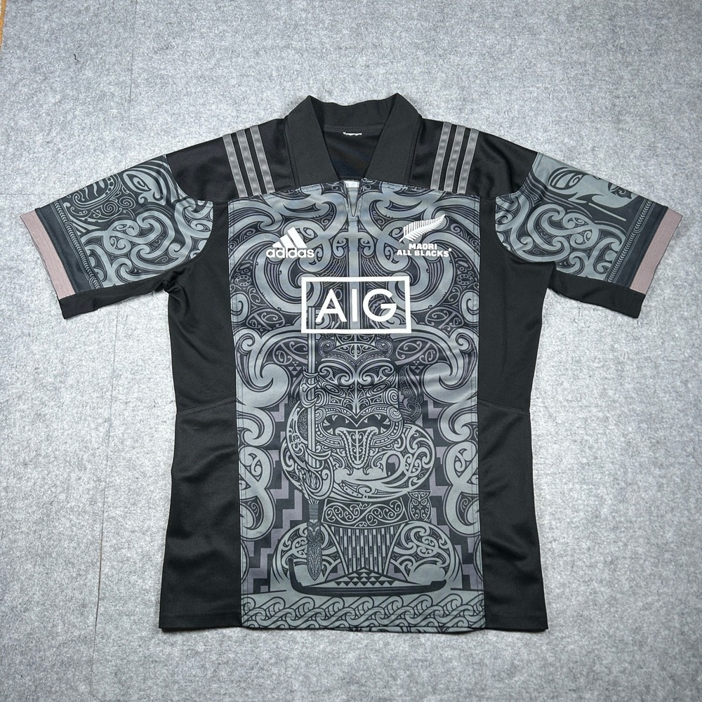 Adidas Maori All Blacks Jersey Men Medium Black Grey Graphic Rugby Shirt Sport